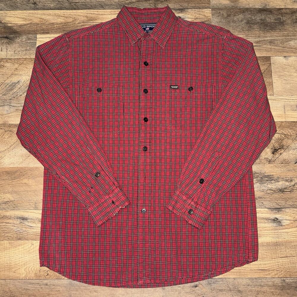 Vintage Polo Sport Ralph Lauren Plaid Button Up Shirt Mens Medium Red 90s Adult